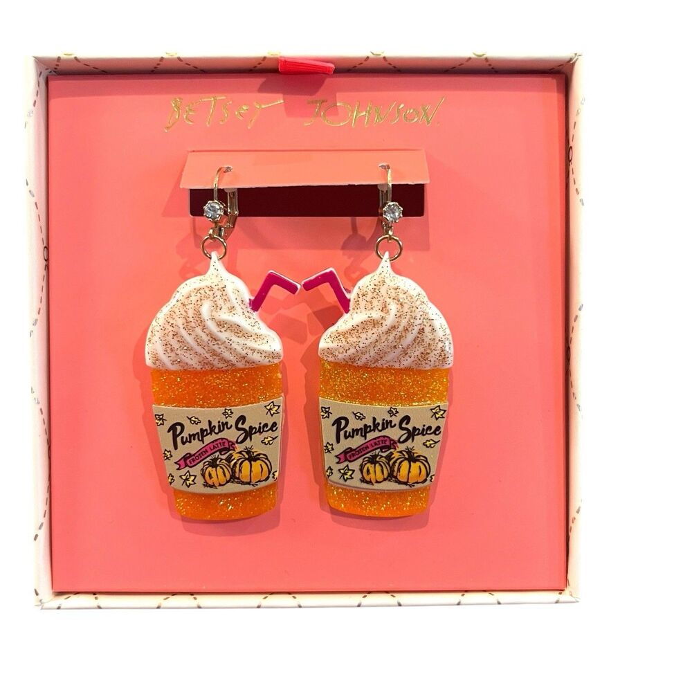 Betsey Johnson Pumpkin Spice Frozen Latte Drop Earrings Glitter Fall NIB Retired